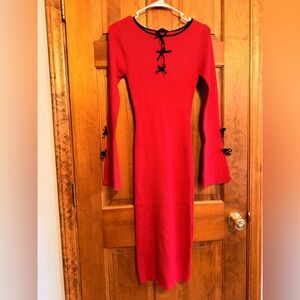 Chic Red Long Sleeve Dress with Black Bow Accents